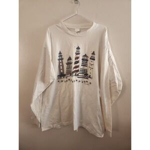 1998 Vicki Melhart Lighthouse Long Sleeve Tee Shirt‎ Button Detail Vintage XXL